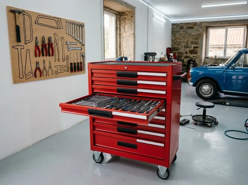 Armário de ferramentas vermelho com gavetas etiquetadas