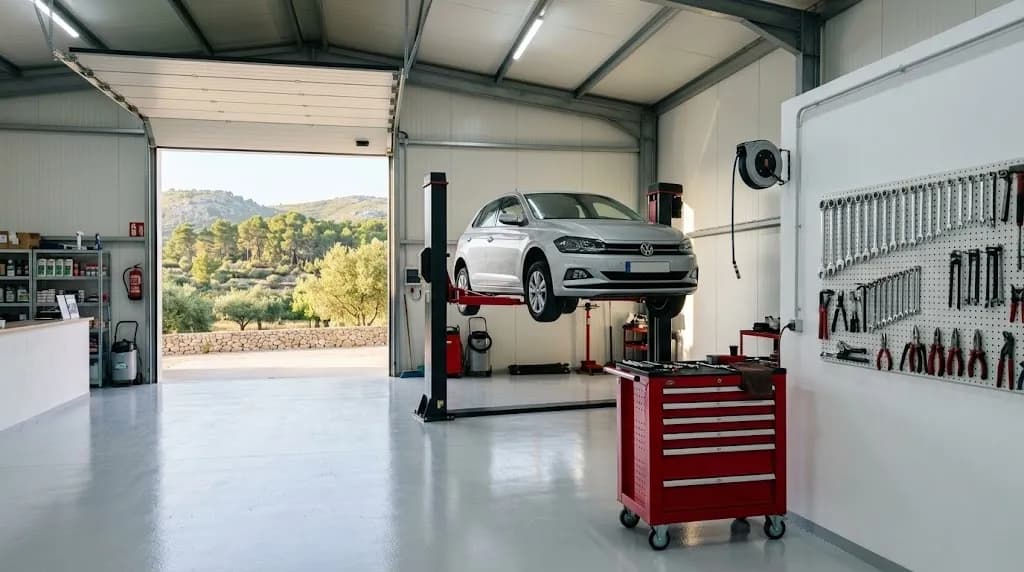 Oficina Libiauto limpa e organizada, com um carro no elevador e um armário de ferramentas vermelho